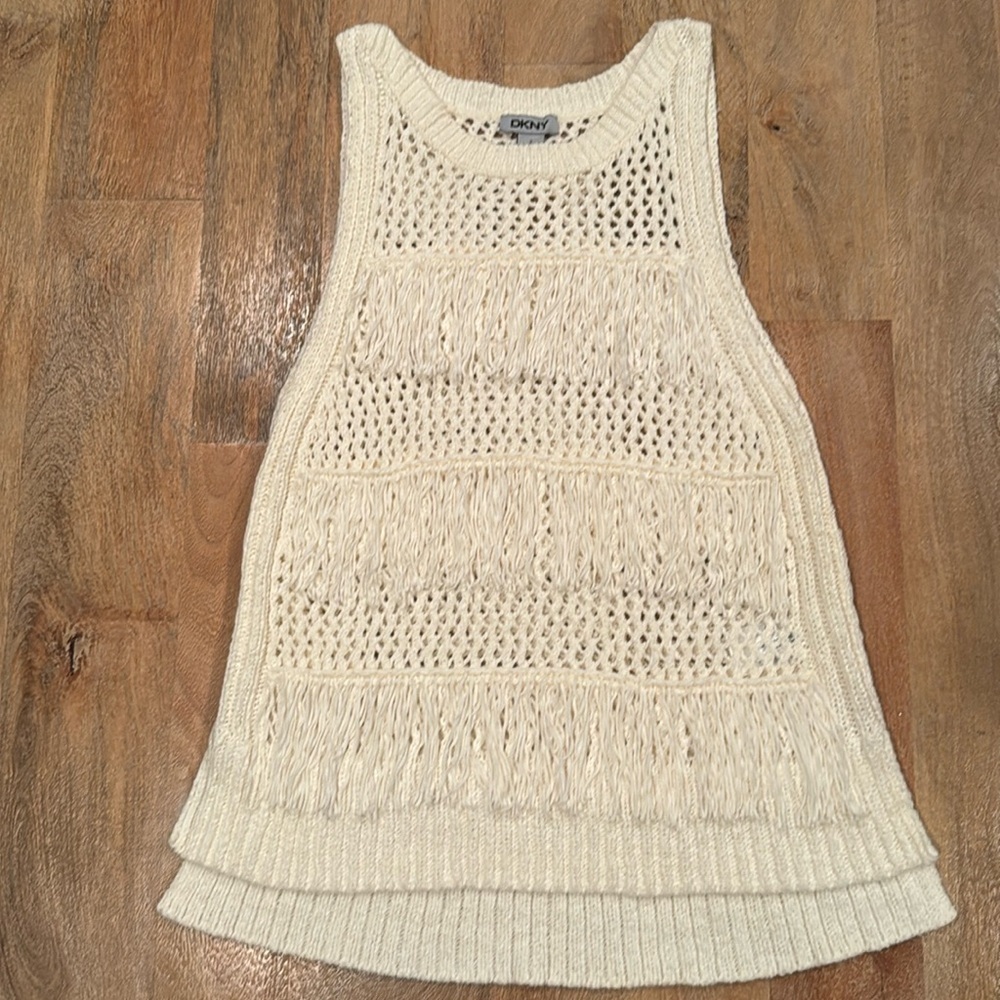 DKNY Crochet Fringe Sleeveless Festival Boho Sweater • Size Small